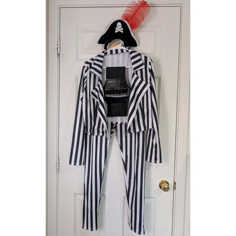 Womens Pirate Costume Large Black White Stripe Beetlejuice Halloween Cosplay EUC